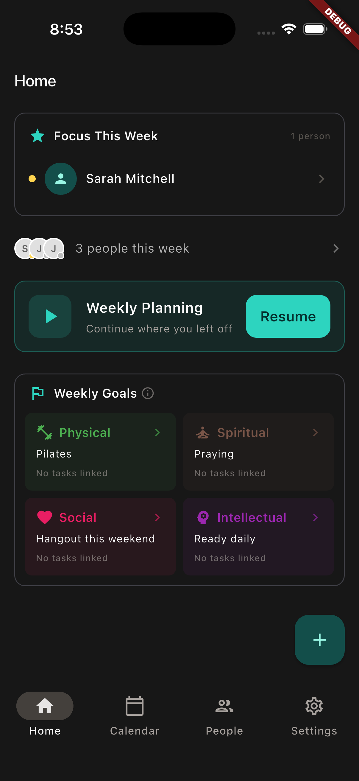 Currant area book app home screen — weekly planning and contact tracking for returned missionaries